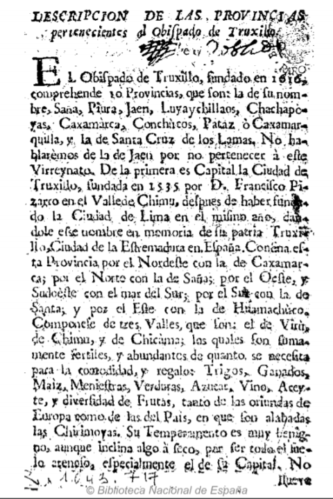Primera página de la Descripción de las provincias de los Obispados y Arzobispados del Virreinato del Perú. 
