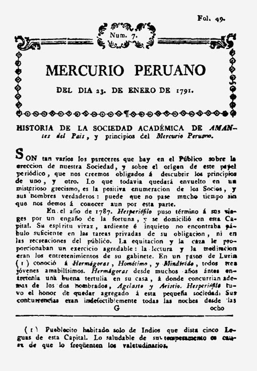 Ejemplar del Mercurio peruano donde se cuenta la formación de la Academia Filarmónica, predecesora de la Sociedad Académica de Amantes del País.