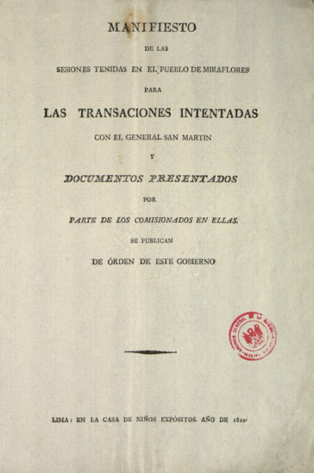 Portada del Manifiesto de las sesiones en el pueblo de Miraflores. 