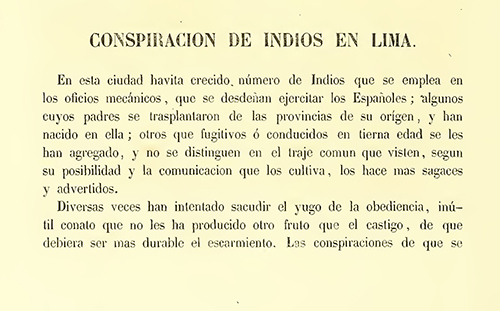 Extracto de la memoria de gobierno del virrey José Antonio Manso de Velasco, donde se refiere a los sucesos de la conspiración de 1750 en Lima.
