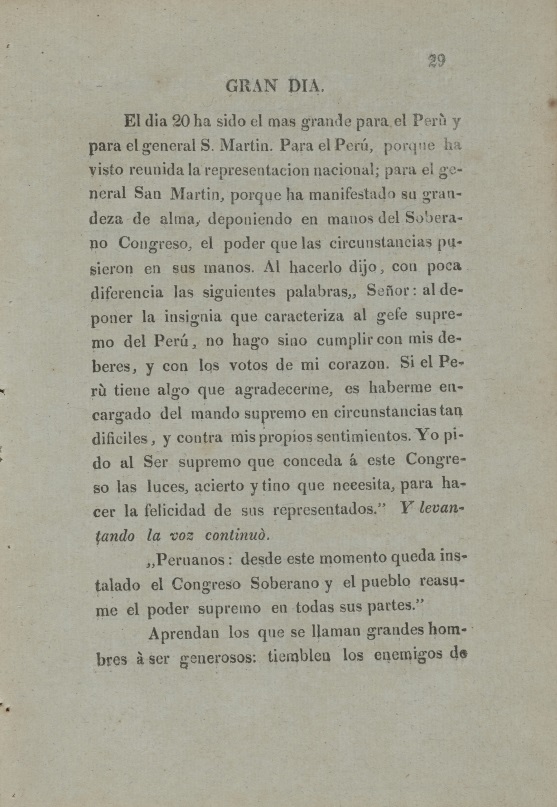 Narración de la entrega de cargo de José de San Martín al Congreso Constituyente, publicado en el periódico El Cometa (1822).