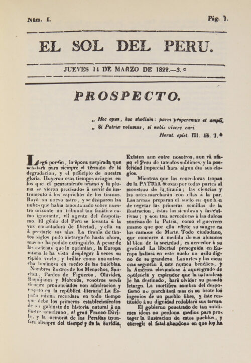 Prospecto de El Sol del Perú (1822), editado por la Sociedad Patriótica.