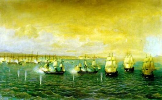 Vista del ataque dado en El Callao por la escuadra chilena del almirante lord Cochrane a la española del brigadier Vacaro (28 de febrero de 1819).