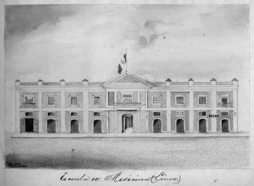 Grabado de la fachada del Colegio de Medicina de San Fernando (s. XIX).