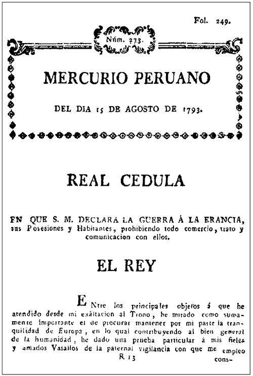 Declaración de guerra de España a Francia publicada en el Mercurio Peruano el 15 de agosto de 1793