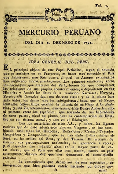 Primer número del Mercurio Peruano (1791).