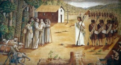 Encuentro de Juan Santos con los franciscanos de Quimiri. Obra de fray Gabriel Sala.