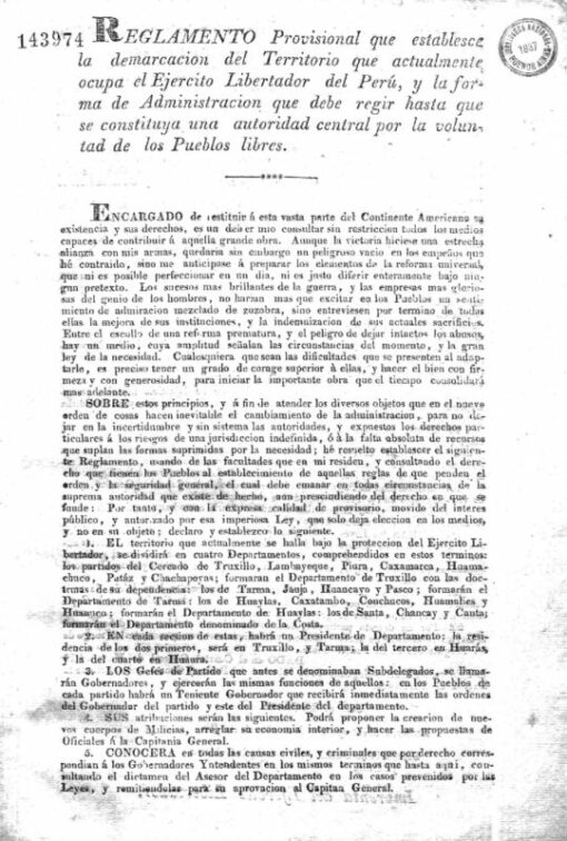 Reglamento Provisional de Huaura del 12 de febrero de 1821.