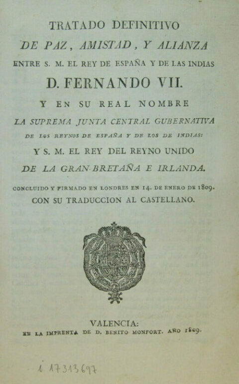 Portada del Tratado de Paz entre España y el Reino Unido (1809). 